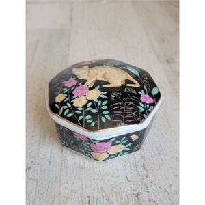 Vintage orange tabby trinket box flower kitten home decor unique